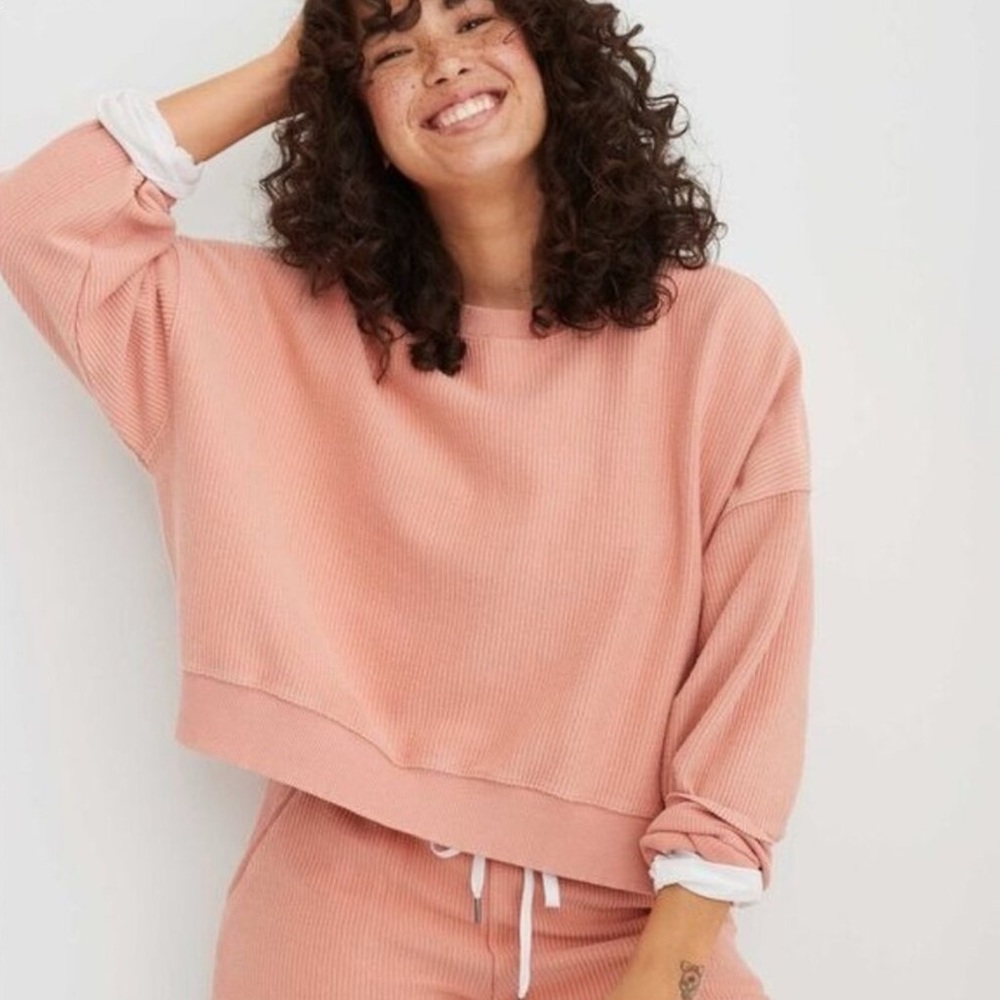 Aerie Oversized Ribbed Cropped Crewneck Sweatshirt